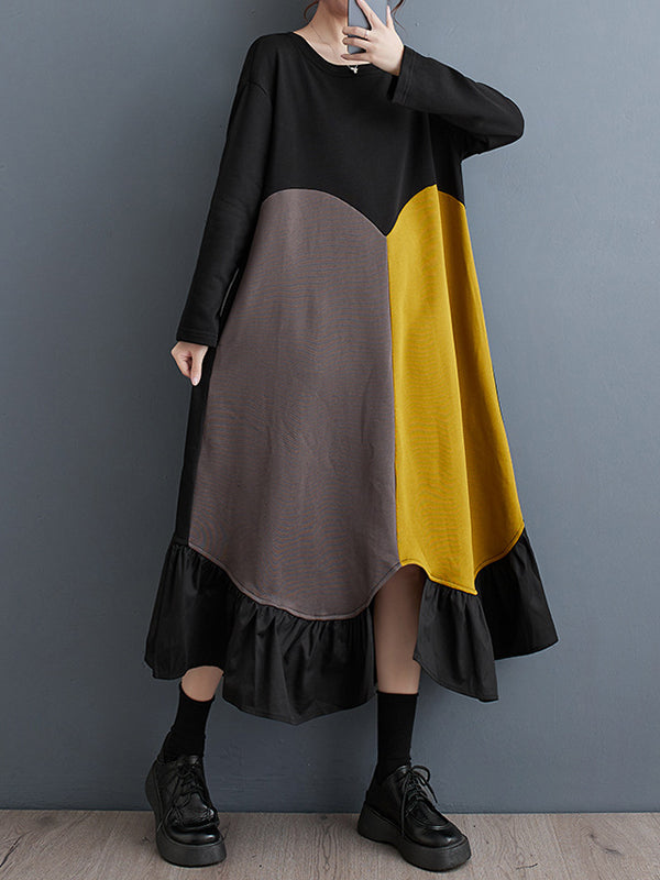 Contrast Color Pleated Split-front Split-Joint A-line Long Sleeves Round-neck Midi Dresses