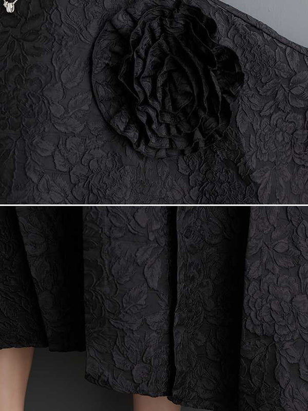 Asymmetric Flower Shape Gauze Jacquard Pleated Solid Color Split-Joint Batwing Sleeves Loose Round-Neck Midi Dresses