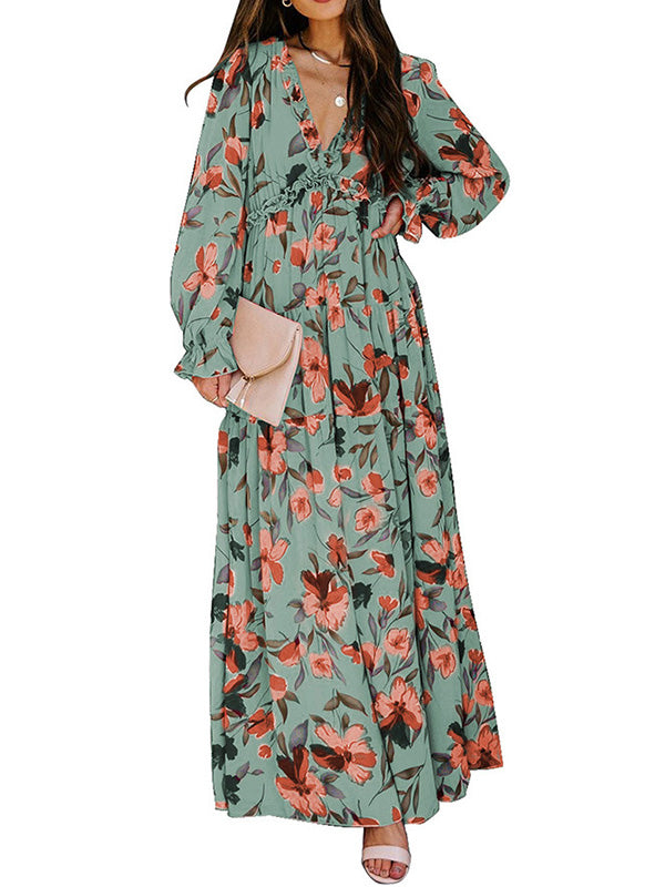 Flower Print Pleated Ruffled High Waisted Long Sleeves V-Neck Maxi Dresses