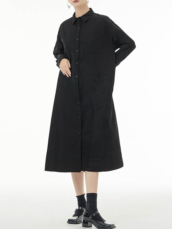 Asymmetric Buttoned Printed A-line Long Sleeves Lapel Shirt Dress Midi Dresses