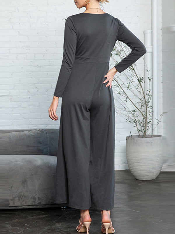 Buttoned Solid Color High Waisted Long Sleeves Round-Neck Jumpsuits