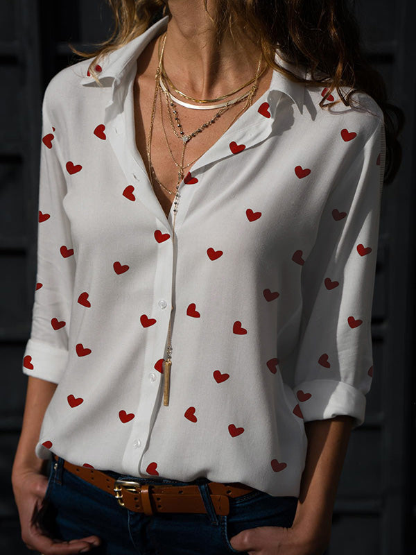 Buttoned Heart Print Long Sleeves Loose Lapel Blouses&Shirts Tops