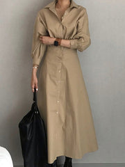 Pleated Solid Color Split-Joint Loose Puff Sleeves Lapel Shirt Dress Maxi Dresses