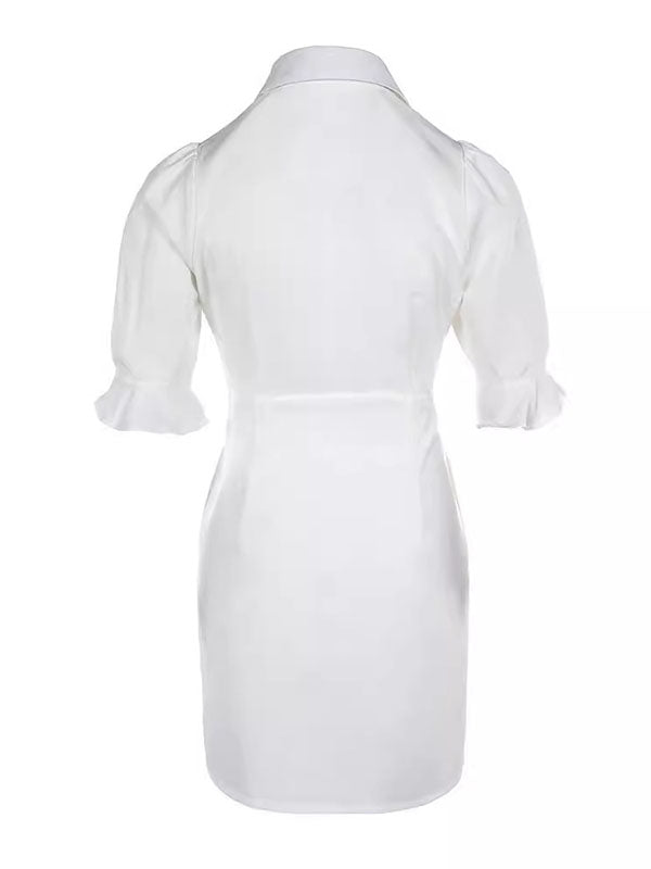 Buttoned Pleated Pockets Solid Color Split-Joint A-Line Flared Sleeves Lapel Shirt Dress Mini Dresses
