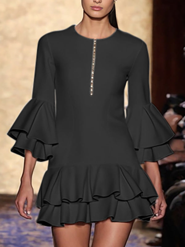 Double Layered Pleated Split-Joint Zipper A-Line Flared Sleeves Round-Neck Mini Dresses