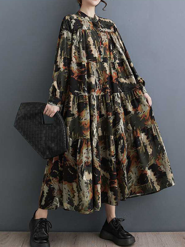 Pleated Printed Split-Joint A-Line Long Sleeves Round-Neck Midi Dresses