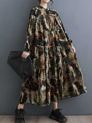 Pleated Printed Split-Joint A-Line Long Sleeves Round-Neck Midi Dresses