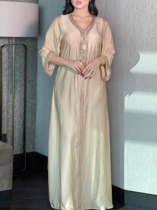 Muslim Rhine Stones Long Sleeves Loose V-Neck Robes Maxi Dresses