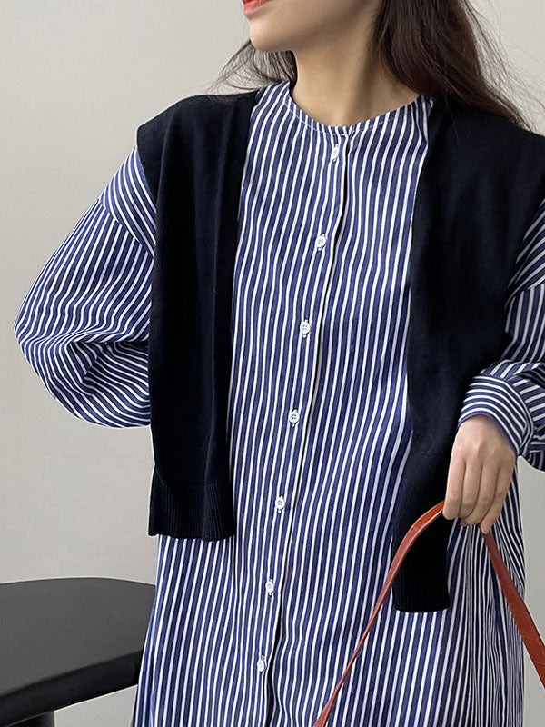 Striped Long Sleeves Loose Round-Neck Shirt Dress Midi Dresses