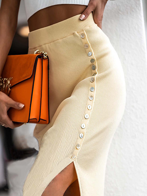 Asymmetric Buttoned Split-Side Bodycon High Waisted Skirts Bottoms