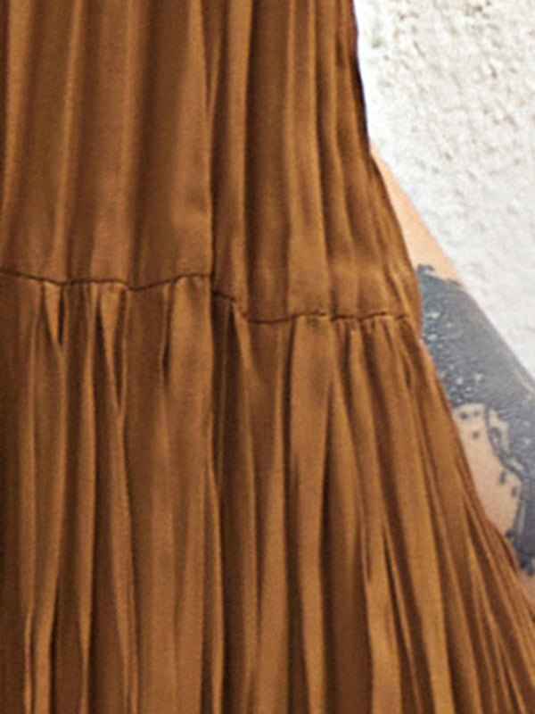 Pleated Solid Color Split-Joint Loose Sleeveless Round-Neck Midi Dresses