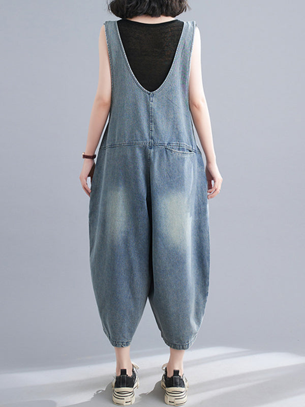 Buttoned Cropped Loose Denim Overalls