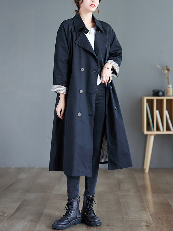 Buttoned Pockets Long Sleeves Loose Notched Collar Trench Coats