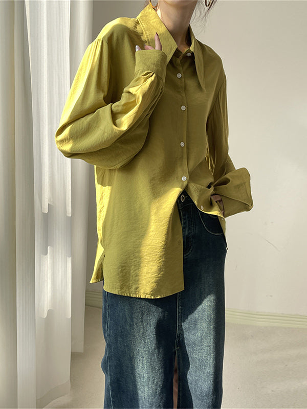 Pleated Split-Joint Sun protection Loose Puff Sleeves Lapel Blouses