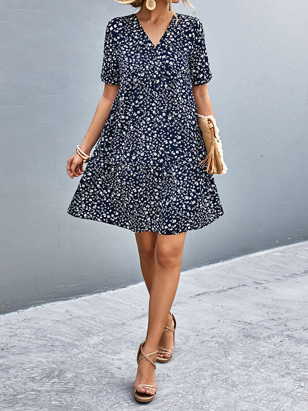 Flower Print Split-Joint Short Sleeves V-Neck Mini Dresses