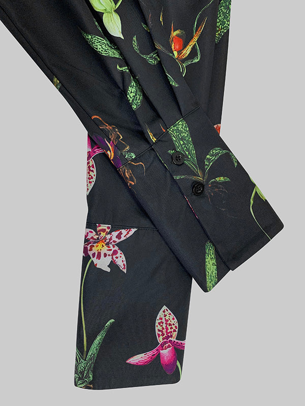 Asymmetric Flower Print Split-Joint Long Sleeves Loose Lapel Blouses&shirts Tops