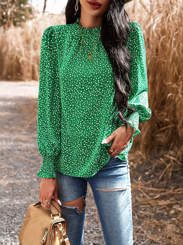 Elasticity Flower Print Ruffled Long Sleeves Loose Mock Neck Blouses&Shirts Tops