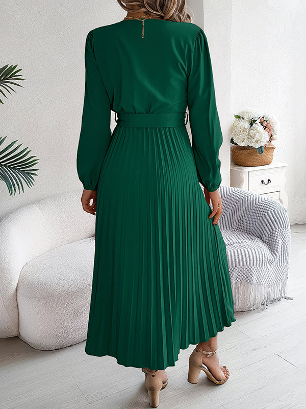 Belted Buttoned Pleated Solid Color High Waisted Long Sleeves V-Neck Maxi Dresses