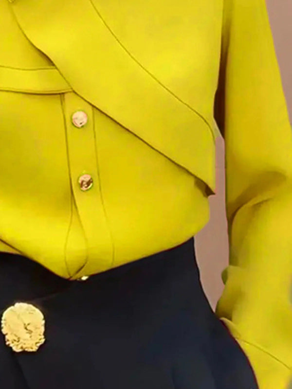 Asymmetric Buttoned Long Sleeves Loose Lapel Blouses&shirts Tops