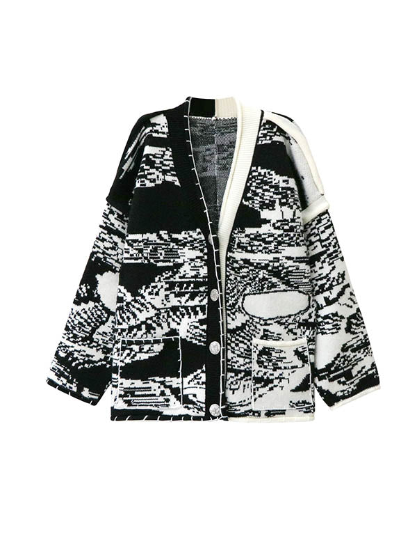 Abstract Printed Buttoned Contrast Color Pockets Split-Joint Long Sleeves Loose Collarless Outerwear Cardigan Tops