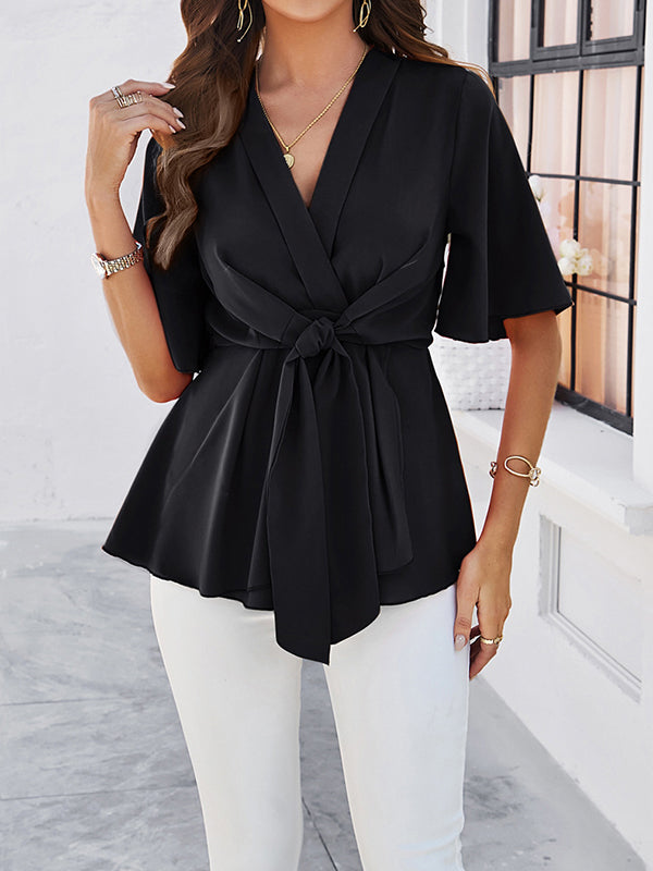Solid Color Tied Flared Sleeves Half Sleeves V-neck Blouses&shirts Tops