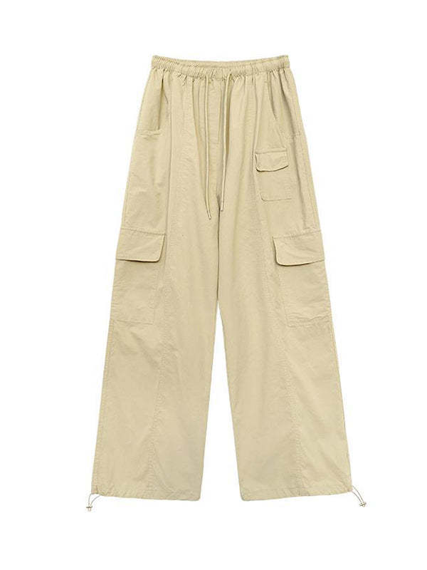 Drawstring Elasticity Pockets Solid Color Split-Joint High Waisted Loose Trousers Pants