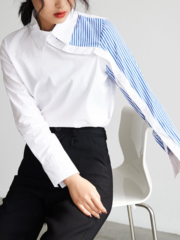 Long Sleeves Irregularity Striped Solid Contrast Color Lapel Collar Blouses
