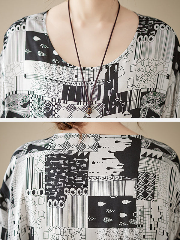 Printed A-line Loose Round-neck Midi Dresses