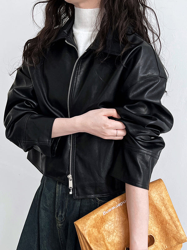 Solid Color Zipper Long Sleeves Loose Lapel Collar Outerwear Jackets&Coats
