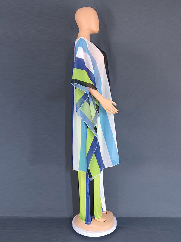 Contrast Color See-Through Split-Side Striped Batwing Sleeves Loose Two Pieces Set Pants Set