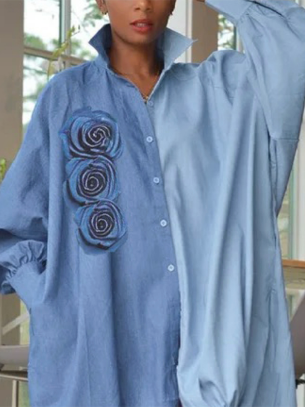 Long Sleeves Loose Buttoned Three-Dimensional Flower Lapel Midi Dresses Shirt Dress