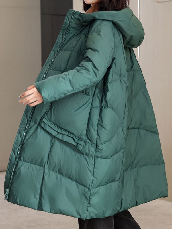 Pockets Solid Color Split-Joint Long Sleeves Loose Hooded Down Coat