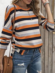 Split-side Striped Long Sleeves Loose Round-neck Sweatshirt Tops