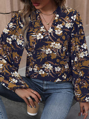 Flower Print Long Sleeves Loose V-Neck Blouses&Shirts Tops