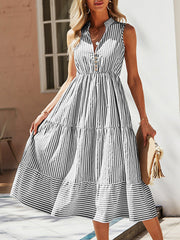 Buttoned Split-Joint Striped A-Line High Waisted V-Neck Midi Dresses