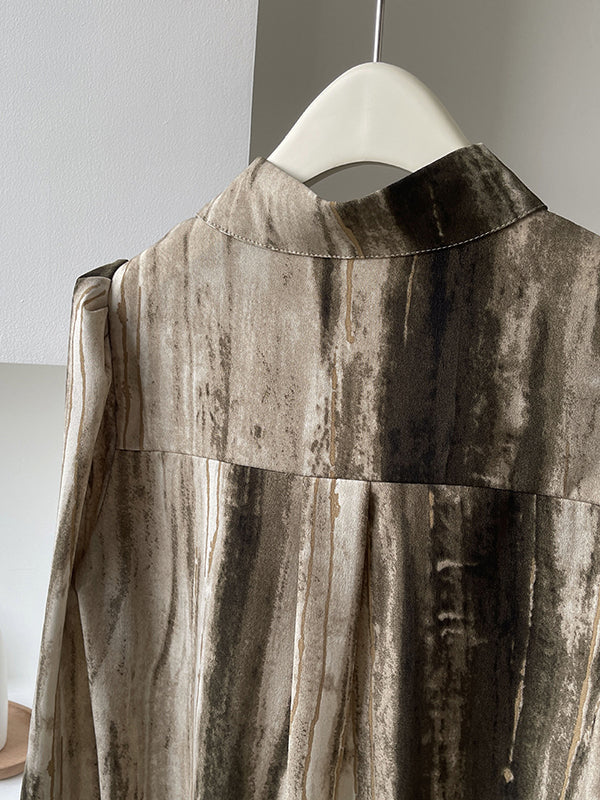 Asymmetric Gradient Pleated Printed Loose Puff Sleeves Lapel Blouses