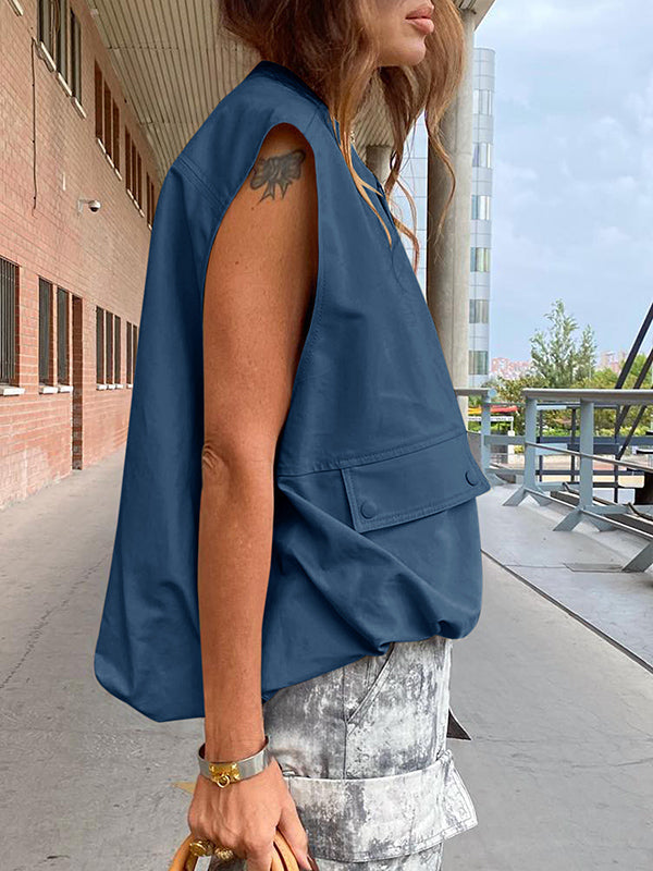 Pockets Split-Joint Zipper Loose Sleeveless Round-Neck Vest Outerwear
