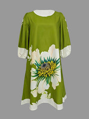 Flower Print Pleated A-Line Loose Round-Neck Mini Dresses