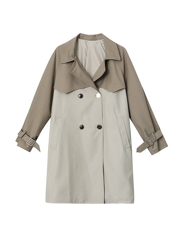 Buttoned Contrast Color Split-Joint Tied Waist Long Sleeves Loose Lapel Trench Coats