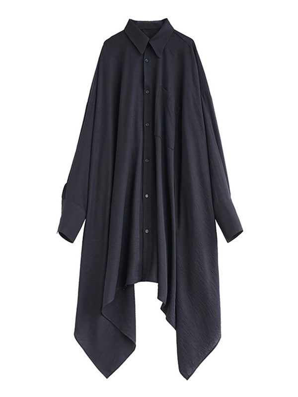 Asymmetric Buttoned Pockets Solid Color A-Line High-Low Lapel Shirt Dress Midi Dresses