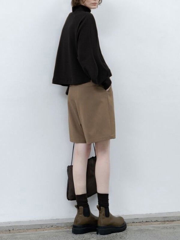 Solid Color Split-Joint Loose Puff Sleeves High Neck Sweatshirt Tops
