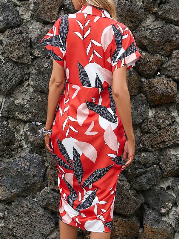 Buttoned Leaves Print Tied Waist Raglan Sleeve Short Sleeves Lapel Shirt Dress Midi Dresses