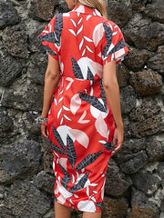 Buttoned Leaves Print Tied Waist Raglan Sleeve Short Sleeves Lapel Shirt Dress Midi Dresses