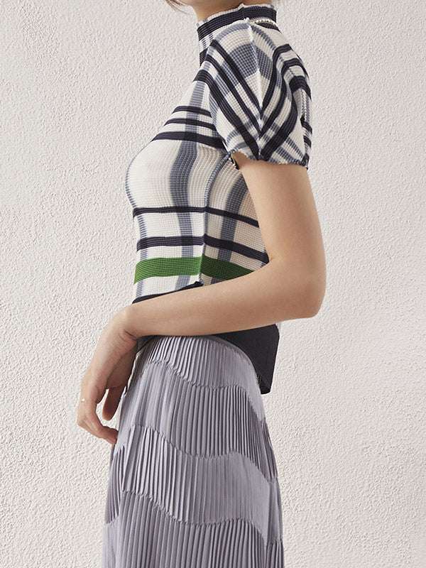 Contrast Color Pleated Short Sleeves Mock Neck T-Shirts Tops