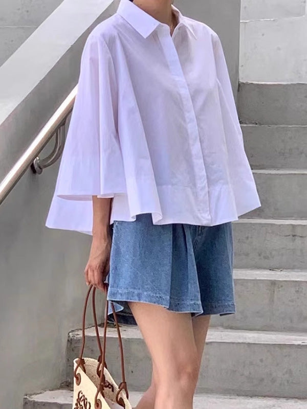 Buttoned Pleated Solid Color A-Line Flared Sleeves Lapel Blouses&Shirts Tops