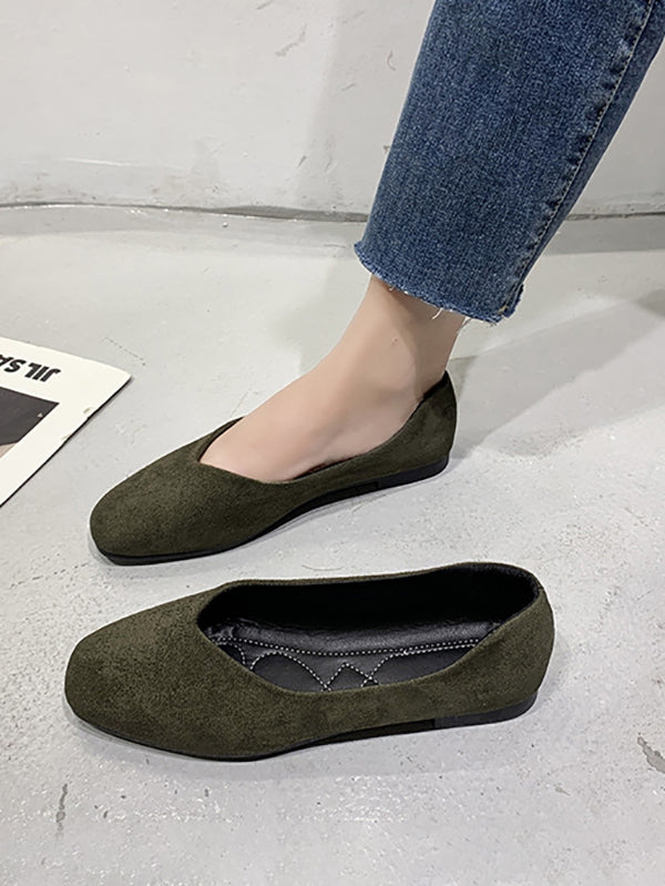Solid Color Square-Toe Low Heels Flat Shoes