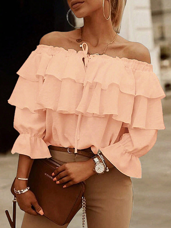 Layered Pleated Solid Color Split-Joint Tied Long Sleeves Loose Off-The-Shoulder Blouses&Shirts Tops