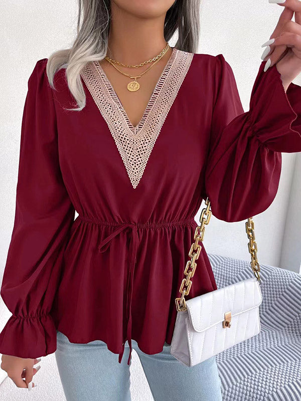 Drawstring Elasticity Split-Joint Flared Sleeves Long Sleeves V-Neck Blouses&Shirts Tops