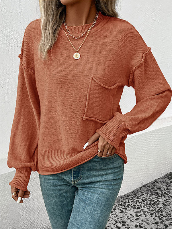 Pockets Solid Color Split-Joint Long Sleeves Loose Round-Neck Sweater Tops Pullovers