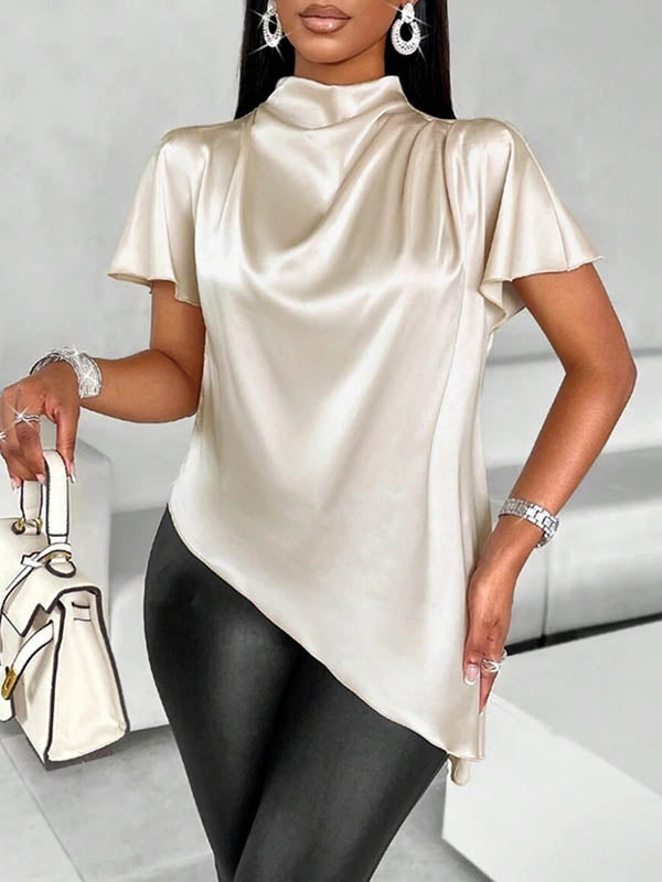 Asymmetric Solid Color Loose Short Sleeves Mock Neck Blouses&Shirts Tops